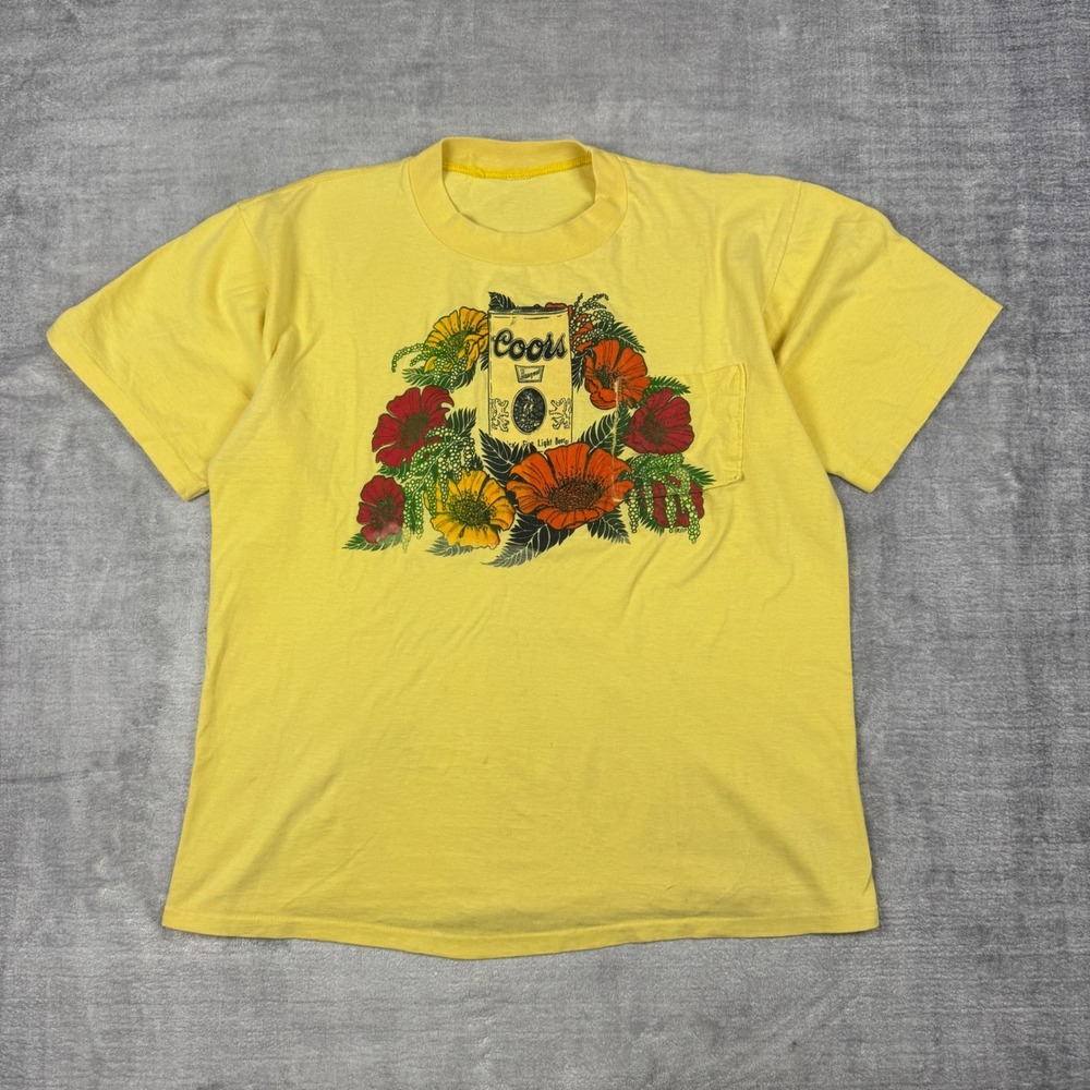 Coors Shirt Men Large Yellow Floral Vintage 80s Pocket Beer Beach Single Stitch